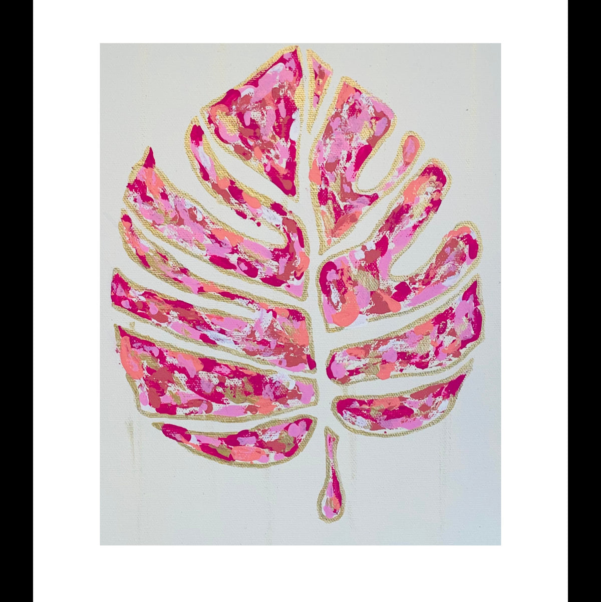A stylized botanical art print featuring a large monstera leaf filled with textured pink, magenta, and gold paint on a white background.