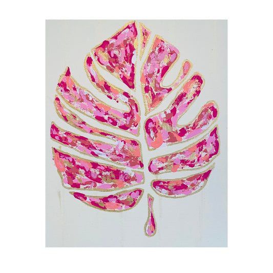 A stylized botanical art print featuring a large monstera leaf filled with textured pink, magenta, and gold paint on a white background.
