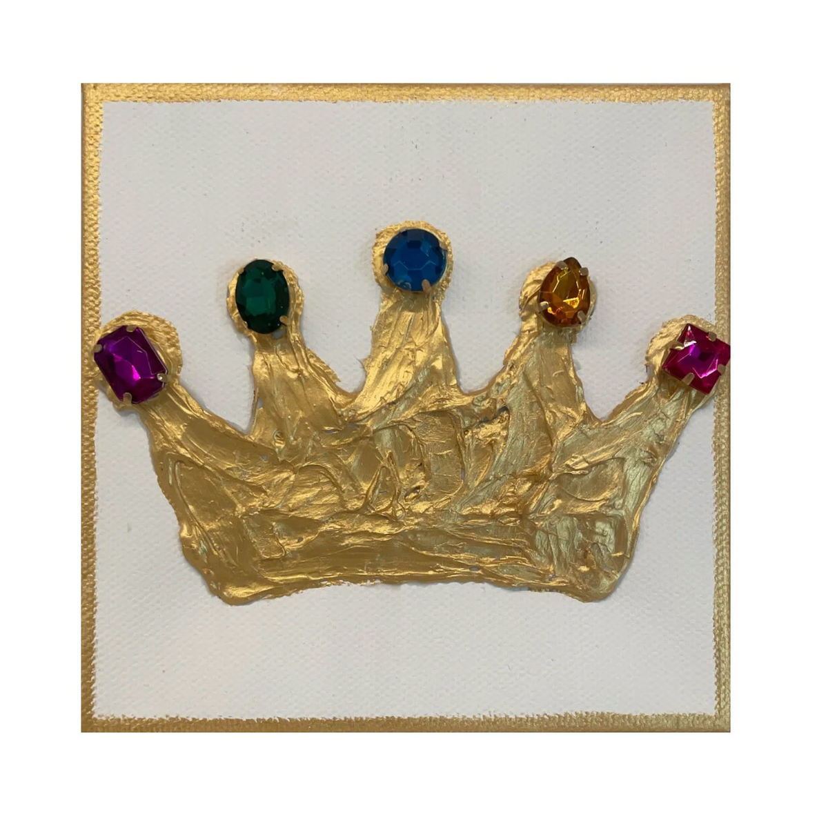 A textured gold crown-shaped artwork with five jewel-like accents in purple, green, blue, and amber, set on a white background with a thin gold border.