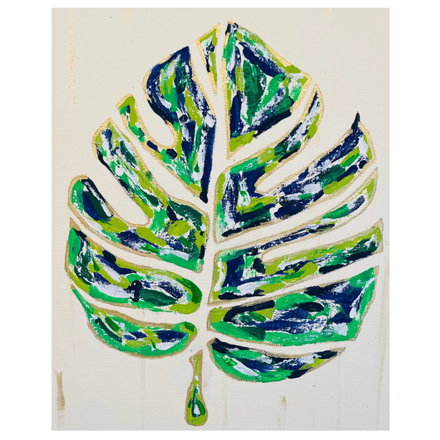 A stylized painted monstera leaf artwork on a cream background, with green, blue, and lime tones and visible brushstrokes.