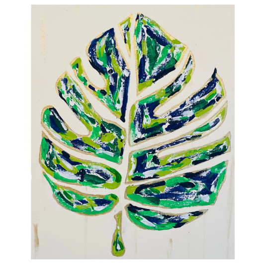 A stylized painted monstera leaf artwork on a cream background, with green, blue, and lime tones and visible brushstrokes.